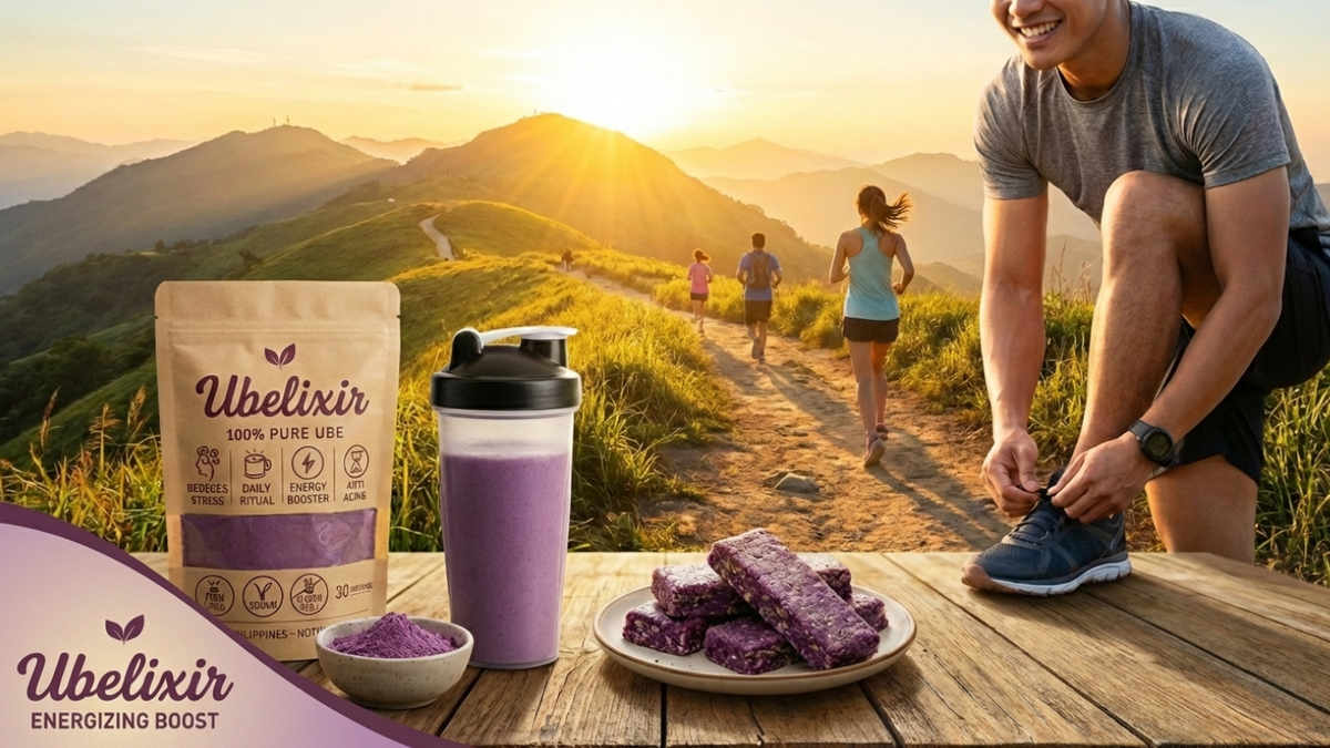 Person preparing for a hike with Ubelixir products on a wooden table, mountainous landscape in the background. ube will help boosting his performance. 