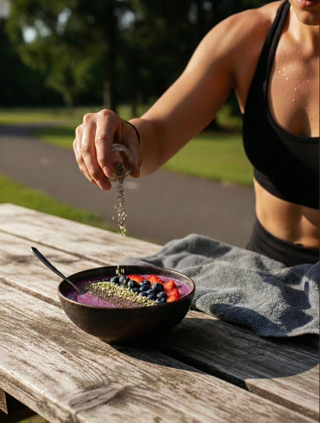 Person adding toppings to a Ube bowl of fruit salad outdoors to help her gain muscles. 
