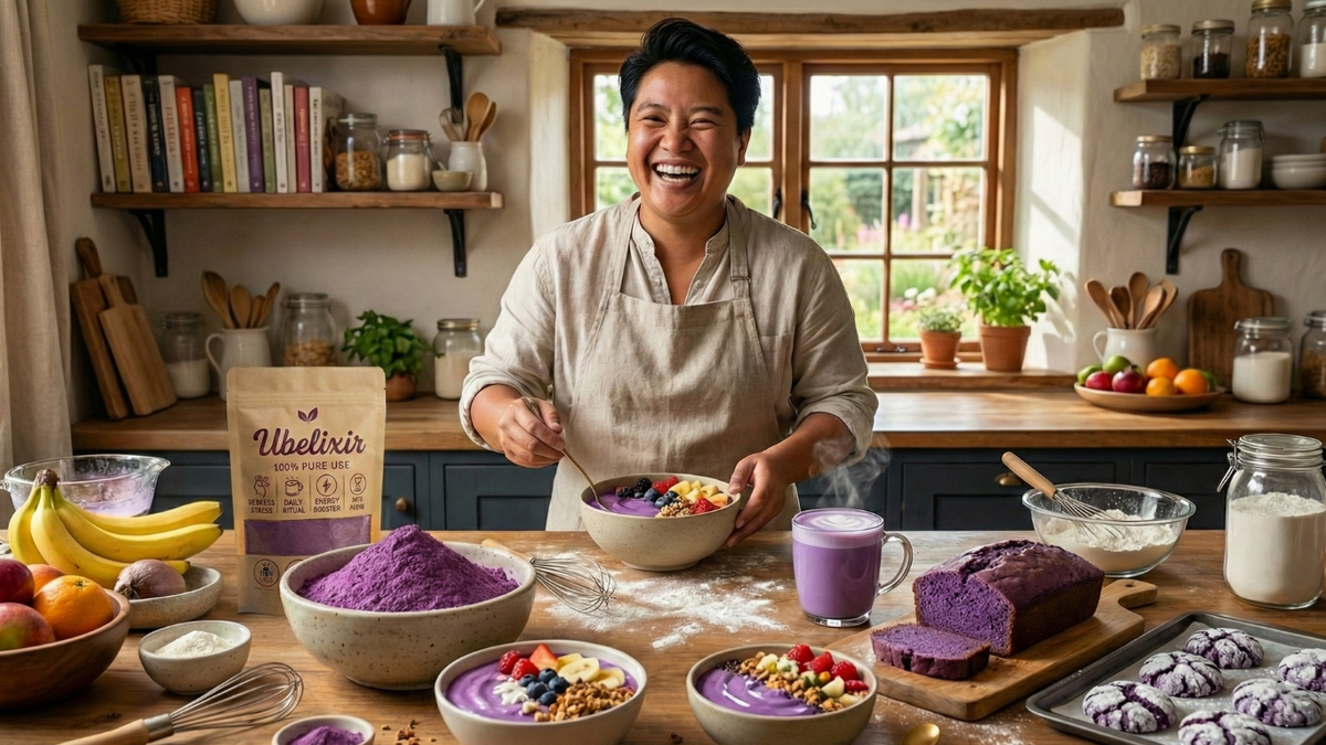 Person in a kitchen preparing food with various ingredients and utensils around, cooking with Ube powder.