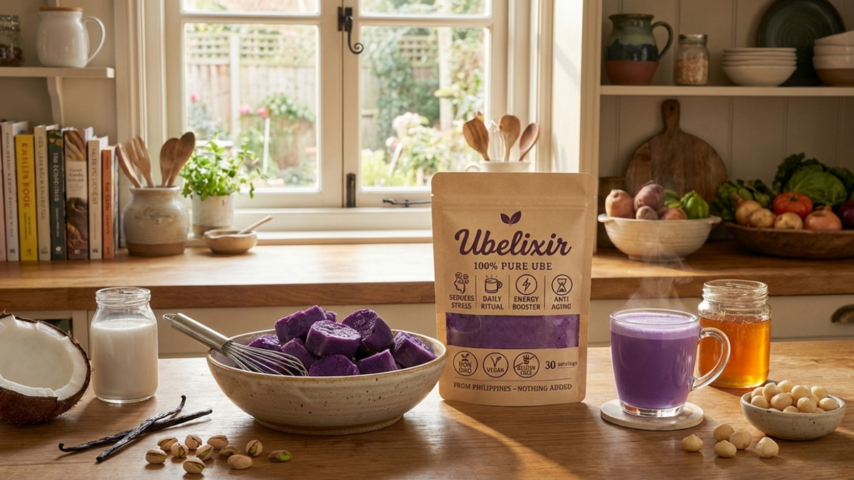 Ubelixir product on a kitchen counter with ingredients and a cup of purple liquid.