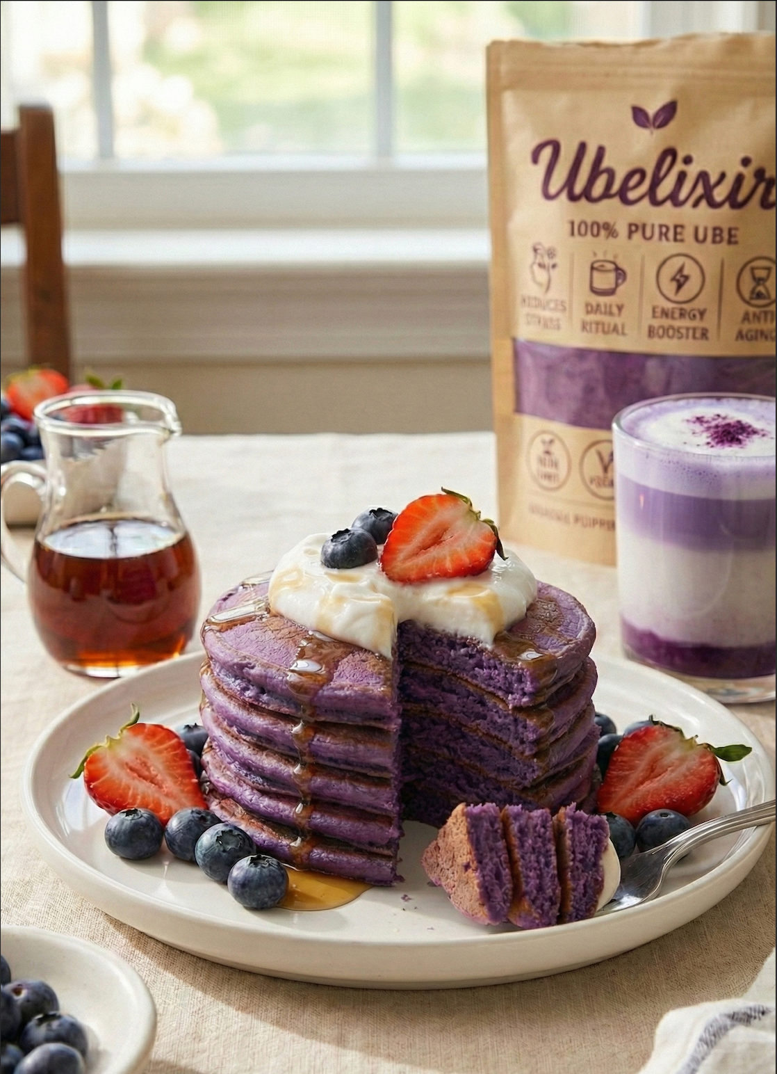 Stack of purple pancakes with berries and whipped cream on a plate, next to a bag of Ubelixin and a glass of purple yogurt.