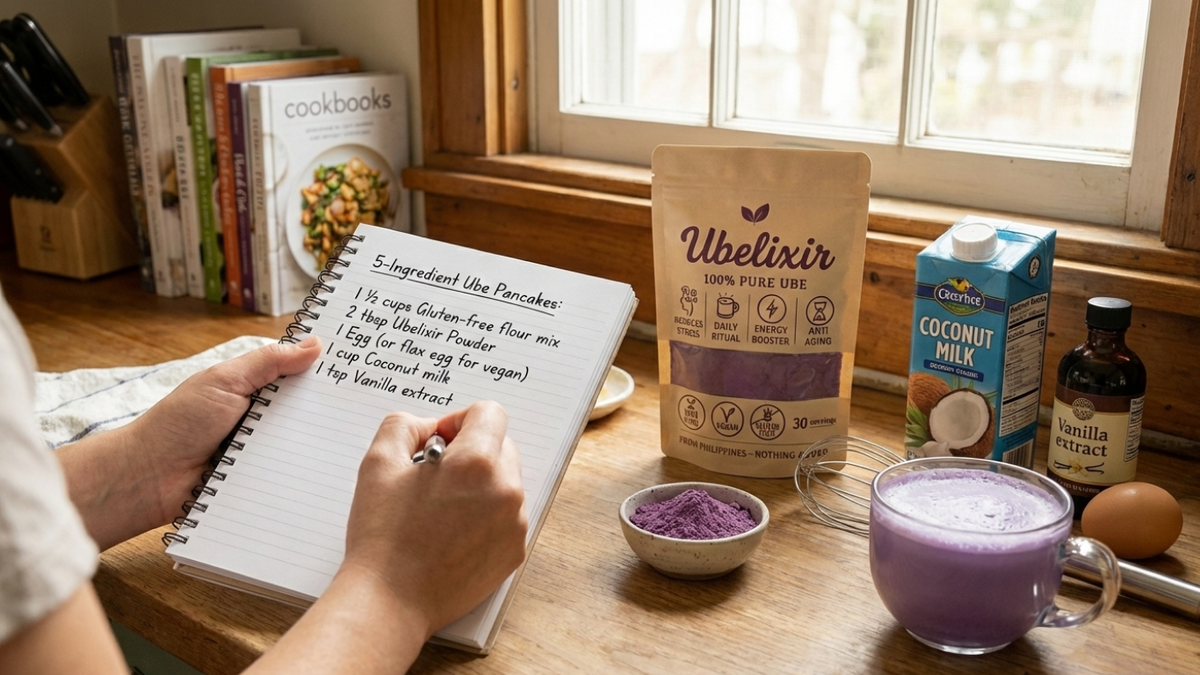 Person writing in a notebook with Ubelixir ingredients on a kitchen counter making recipes with Ubelixir and Ube powder